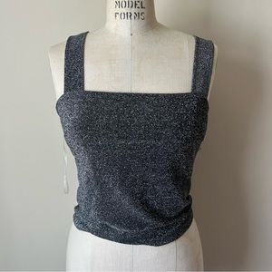 NWT Nordstrom ROW A Womens Medium Black Sleeveless Sparkle Silver Crop Tank Top